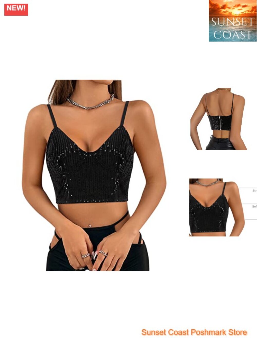 Sequin Spaghetti Strap Crop Top Sleeveless V-Neck Rave Tank Clubwear